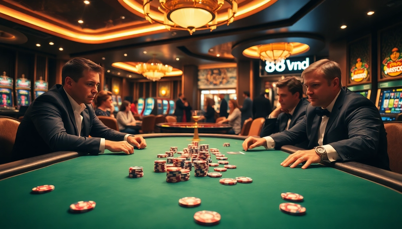 Experience the thrill of a poker game at 888vnd casino with professional players and vibrant chips.