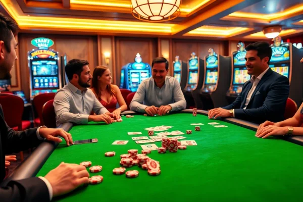 Players enjoying a vibrant casino experience at https://rikvip.talk/ with poker chips and cards.