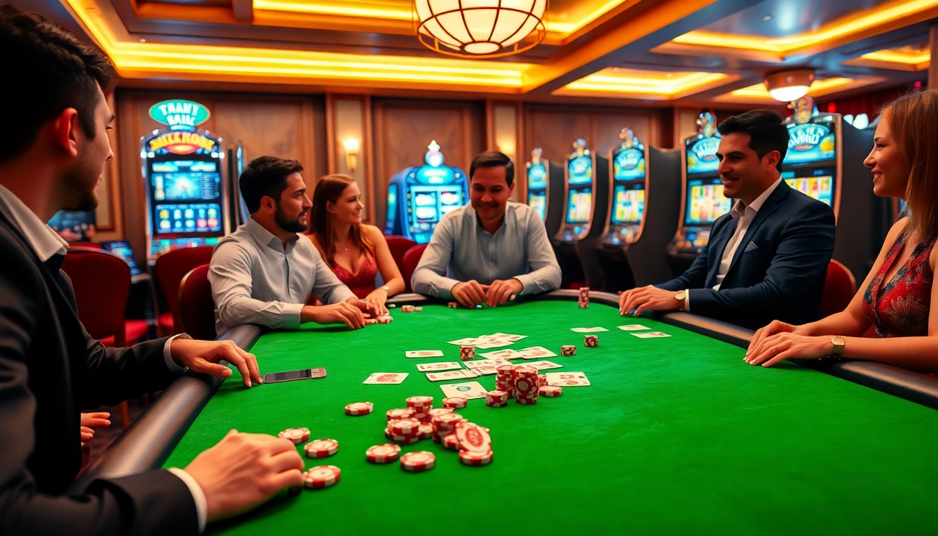 Players enjoying a vibrant casino experience at https://rikvip.talk/ with poker chips and cards.