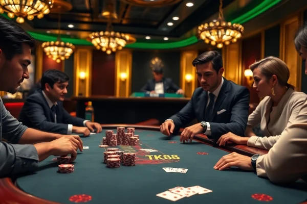 Players experiencing high-stakes poker at TK88 Casino with vibrant chips and cards.