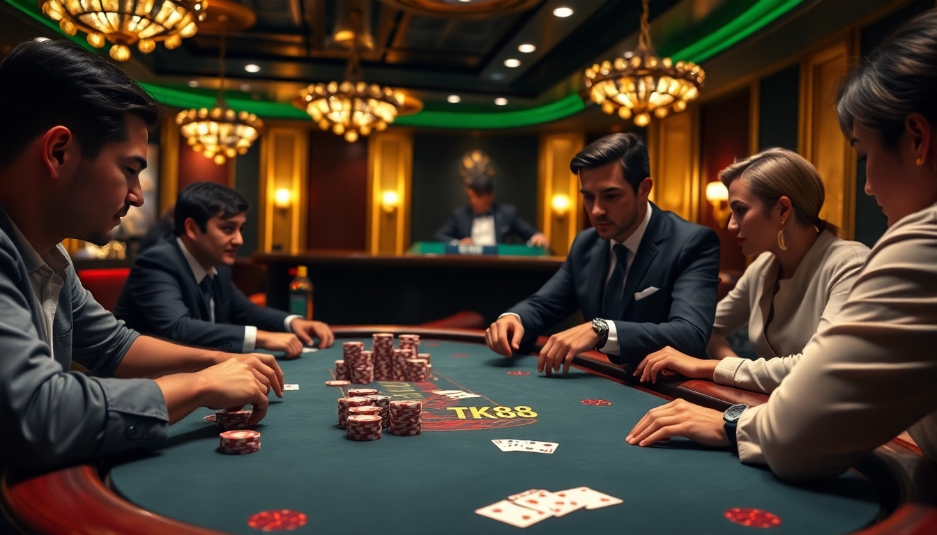 Players experiencing high-stakes poker at TK88 Casino with vibrant chips and cards.