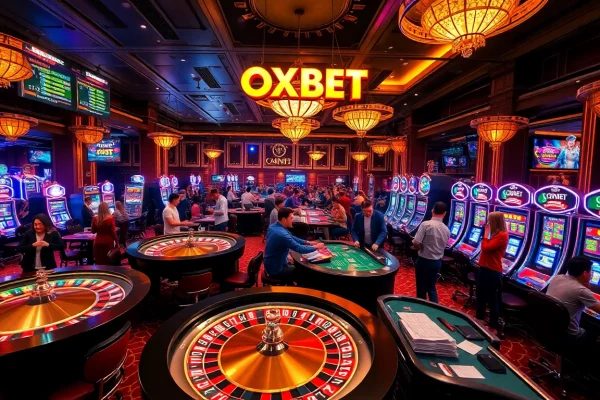 OXBET players enjoying thrilling casino games in a vibrant, luxurious atmosphere.
