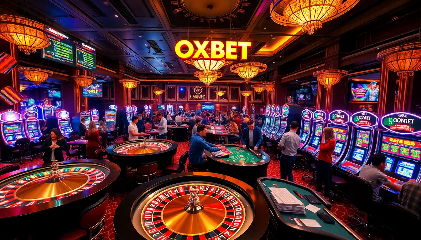OXBET players enjoying thrilling casino games in a vibrant, luxurious atmosphere.