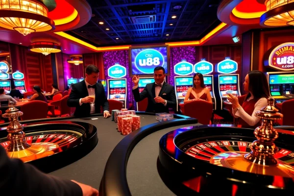 Experience the excitement of gambling at uu88 .com with an elegant casino scene featuring roulette and poker tables.