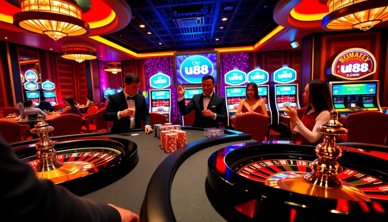 Experience the excitement of gambling at uu88 .com with an elegant casino scene featuring roulette and poker tables.