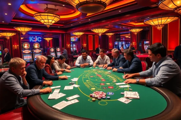 KJC.football players strategizing at a luxurious casino poker table amidst vibrant lights.