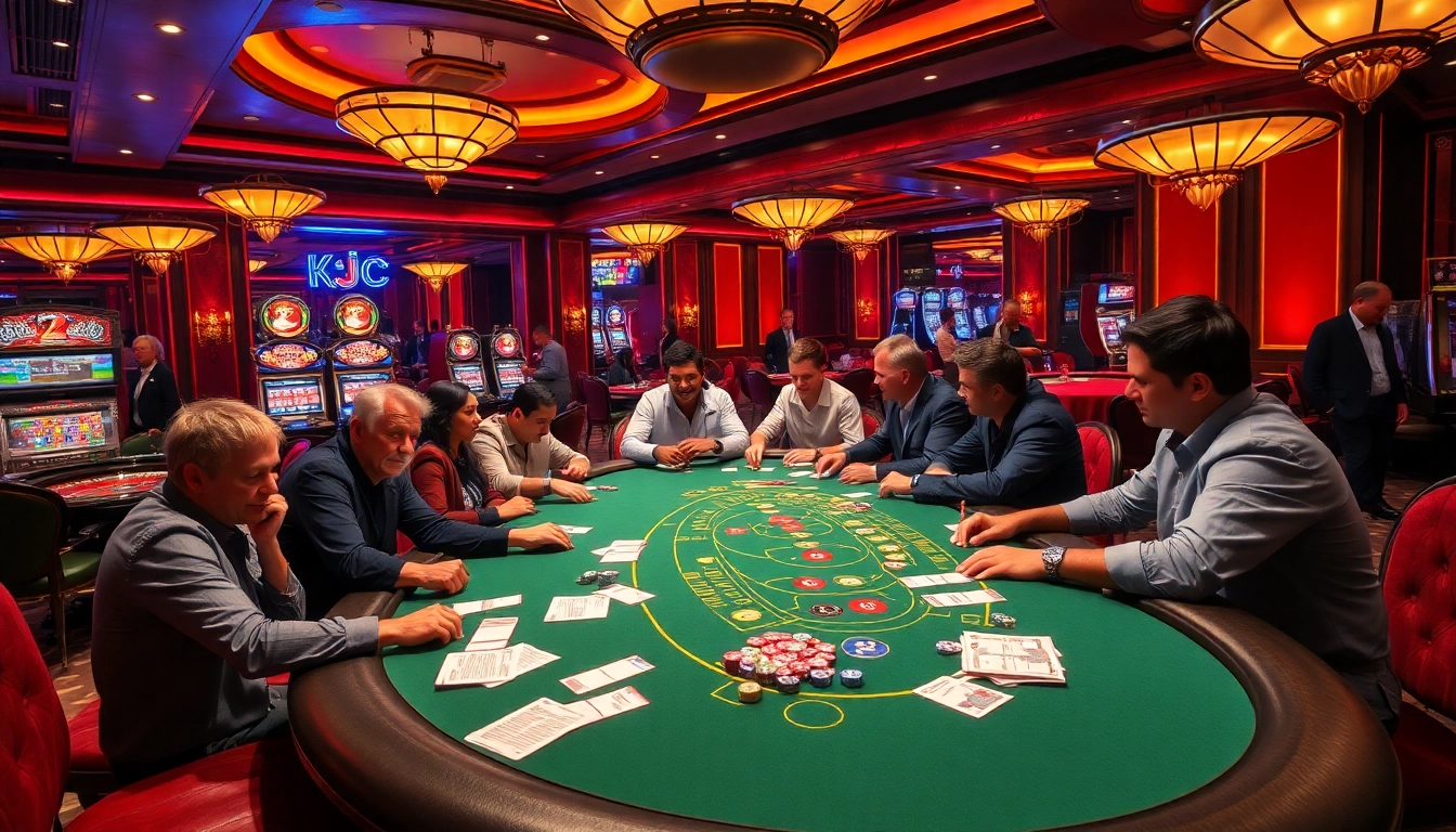 KJC.football players strategizing at a luxurious casino poker table amidst vibrant lights.