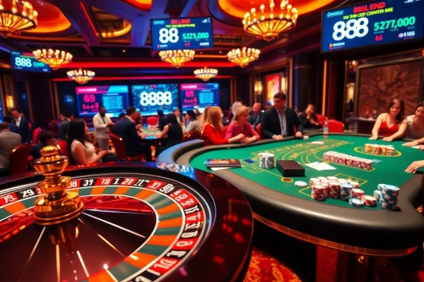 Players engage at a luxurious casino table while tracking 888vnd exchange rates on screens.