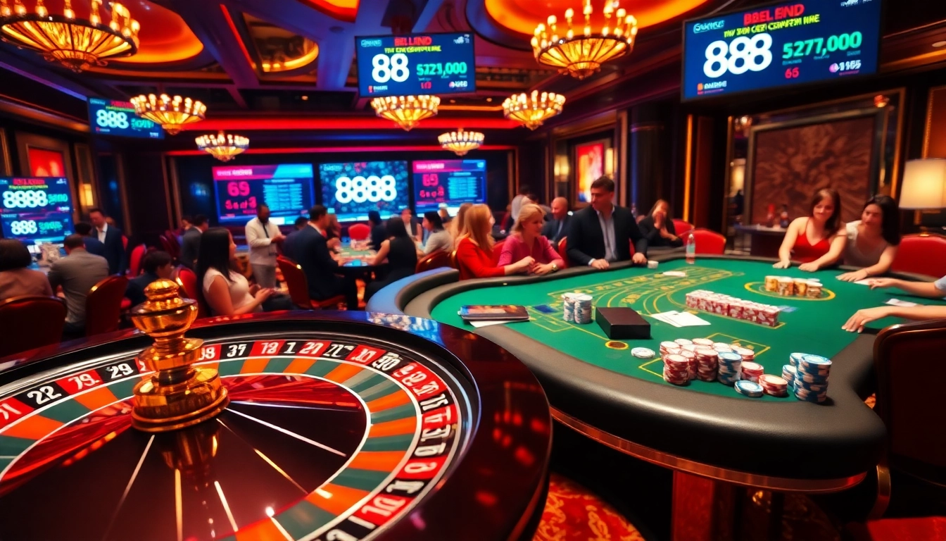 Players engage at a luxurious casino table while tracking 888vnd exchange rates on screens.