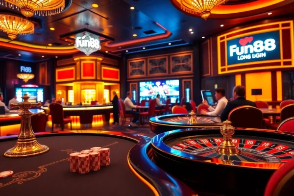 Players enjoying games while accessing Fun88 login features in a luxurious casino setting
