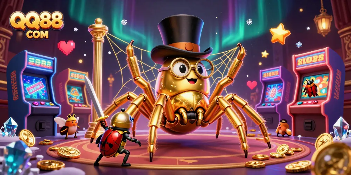 Experience the thrill at QQ88 COM with golden tarantula and beetle knight in a vibrant casino scene.